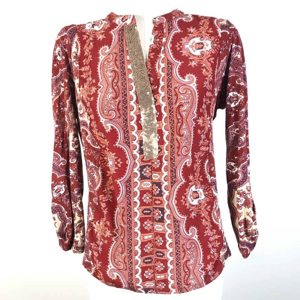 Anthropologie Rust Paisley Split-Neck Tunic with Metallic Trim